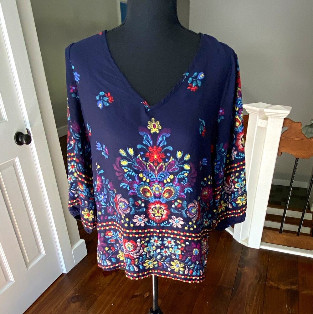 reneec. Women’s Navy Multicolor Floral Tunic Blouse S V-Neck 3/4 Sleeve